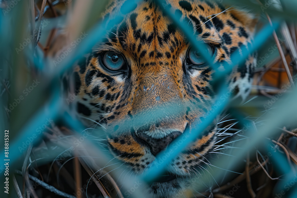 Poster artistic portrayal of a leopard entangled in sharp, abstract barriers, symbolizing its restricted mo
