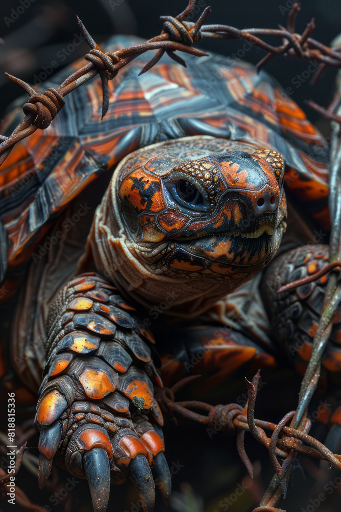 Poster scene of a tortoise with barbed wire coiling around its shell and legs, preventing it from moving fr
