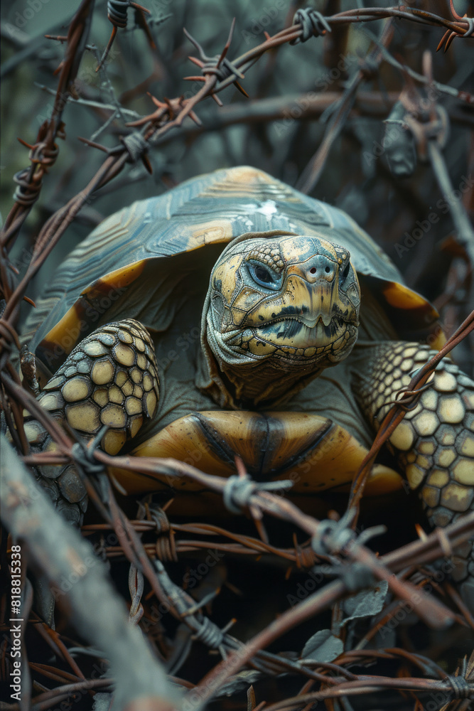 Poster scene of a tortoise with barbed wire coiling around its shell and legs, preventing it from moving fr