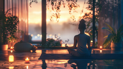 A lady meditating in the evening, with bright surroundings and serene ambiance