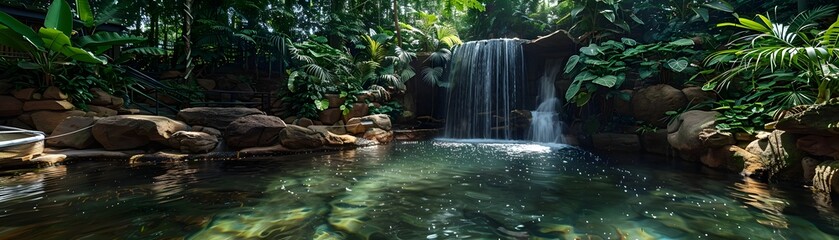 Naklejka premium Lush Tropical Waterfall Oasis in Flourishing Forest Ecosystem
