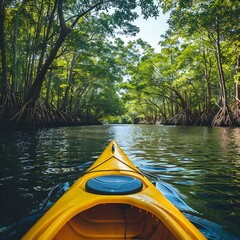 Fototapeta premium Eco Friendly Kayak Tour Through Lush Mangrove Waterway Highlighting Nature Conservation