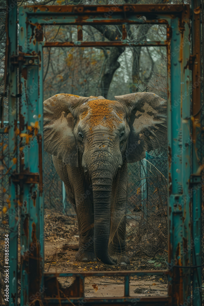 Aufkleber illustration of an elephant in a fragmented zoo habitat, with distorted trees and broken barriers,