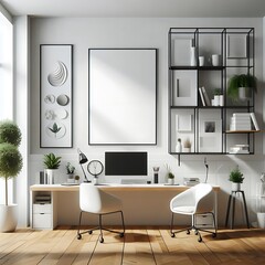 A white Room with a mockup poster empty white and with a computer desk in office and a plant realistic has illustrative image realistic.
