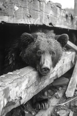 Scene of a bear in a splintered wooden pen, the fractured boards illustrating its confinement,