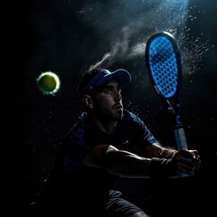 A male model wearing sportswear hits the ball with his tennis padel palas played on a cinematic blue and white padal court, close-up shot of an arm holding a tennis racket