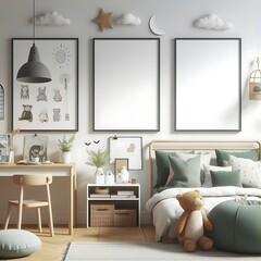 bedRoom with a mockup poster empty white and sets have mockup poster empty white have mockup poster empty white with a bed and a desk and a chair attractive image card design.