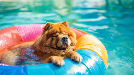 A chow chow dog swimmer in pool. Surreal fun concept of nature, animals and summer. air mattress circle