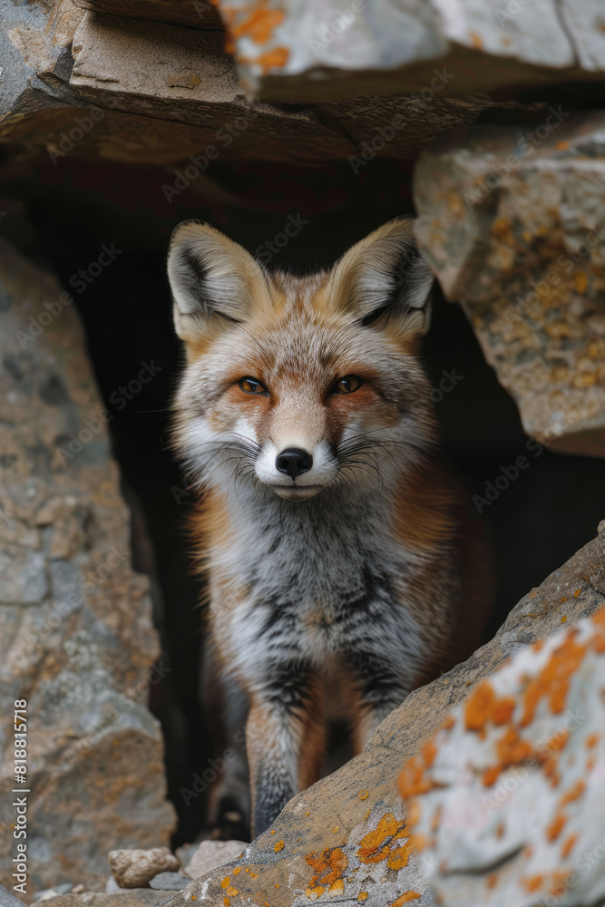 Fototapete Dynamic image of a fox in a distorted burrow, with fractured walls creating a sense of restriction,