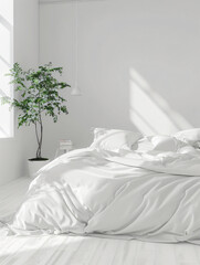 white neat duvet cover mockup style and pillows in a bright bedroom