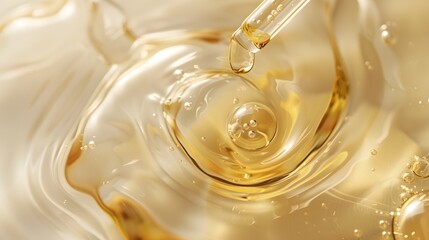 Luxurious Golden Liquid Suspended over Smooth Cream Sphere in Elegant Skincare Product Showcase