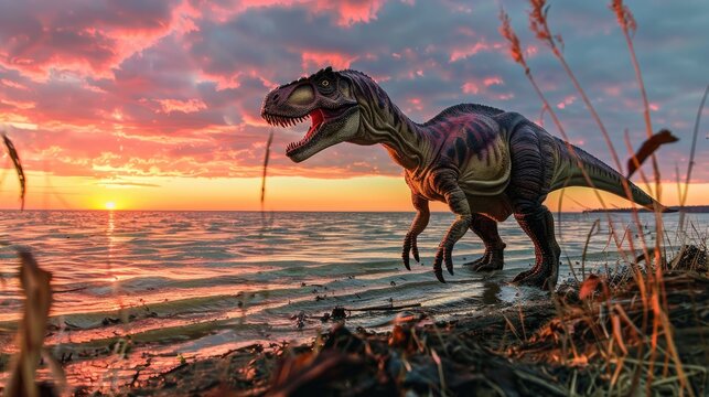 Albertosaurus dinosaur on the lake shore at sunset.