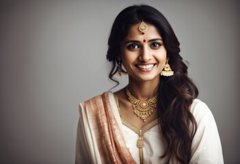 a young Indian women in traditional clothes with a sincere smile, isolated white background
