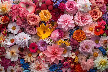 colorful and diverse flowers pattern , pink background, Floral wallpaper design botanical  print fabric, Springtime or summer celebration, Feminine aesthetic