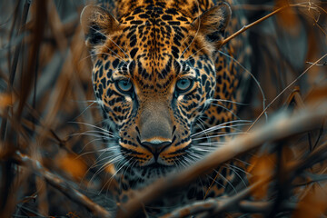 Artistic portrayal of a leopard in a fractured jungle, the broken trees and twisted vines emphasizing its limited space,