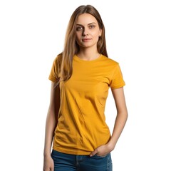 Fototapeta premium Amber t-shirt with a round neckline, solid color, white background.