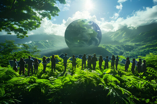 Collective of people surrounding planet Earth with photovoltaic panels in the middle of nature, in concept of the harmony of nature, and commitment to the environment, ecology 