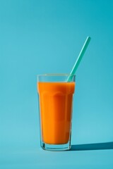 Fresh Carrot Juice with Straw on Blue Background