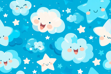 Smiling clouds and stars on a blue background forming a seamless pattern perfect for playful and child-friendly decorative designs