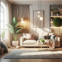 A living Room with a mockup poster empty white and with a couch and plants art meaning art lively.
