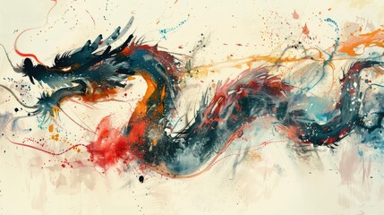 An abstract brush stroke Chinese dragon painted in watercolor ink