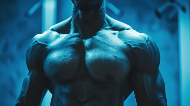 Close-up photo of a ripped muscular torso, accentuated by dramatic blue lighting