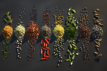 A variety of colorful seasonings displayed, showcasing diverse spices and herbs for culinary use