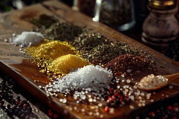 A variety of colorful seasonings displayed, showcasing diverse spices and herbs for culinary use