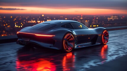 sleek electric sports car with glowing taillights on a city rooftop at sunset.