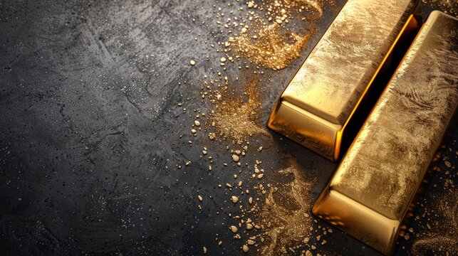 Two shiny gold bars placed on a dark, textured surface with scattered golden particles around them, evoking wealth