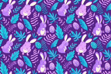 Purple and blue Easter pattern with cute bunnies, eggs, and leaves, creating a seamless, playful design perfect for festive, spring decorations and children's textiles