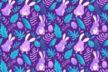 Naklejka premium Purple and blue Easter pattern with cute bunnies, eggs, and leaves, creating a seamless, playful design perfect for festive, spring decorations and children's textiles