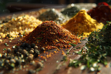 A variety of colorful seasonings displayed, showcasing diverse spices and herbs for culinary use