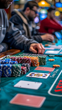 Attractive young man staring at camera sitting at a poker table, casino concept, gambling, slots concept