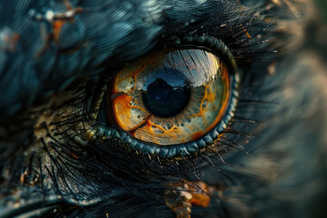 Dynamic image of a bird's eye, with a reflection of an open sky in the iris, surrounded by abstract cracks representing broken dreams.