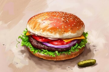 food burger cheeseburger fast food delicious mouthwatering realistic hyperrealistic digital illustration cheese lettuce tomato onion pickle bun sesame seed 