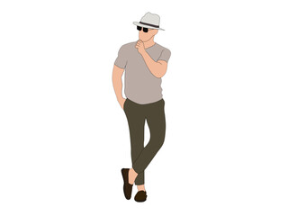 Vector of a flat-faced man wearing a gray T-shirt, dark glasses, and brown pants. Male model fashion background concept.