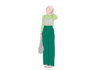 Muslim hijab dress vector with a flat face, nipple cover dress and green pants. Muslim women fashion background concept.