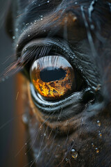 Artistic portrayal of a horse's eye, with broken, fragmented reflections, illustrating a sense of restriction and loss.