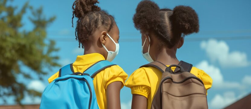 two black children wearing masks, one girl wearing a yellow backpack and the other girl wearing a blue backpack, standing on the street, with a blue sky in the background