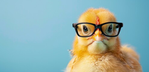 yellow chicken with glasses on its head against a bluegreen background