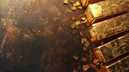 Three gold bars accompanied by gold nuggets on a dark rustic textured surface, portraying wealth...