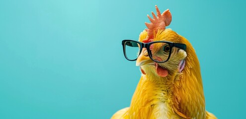 yellow chicken with glasses on its head against a bluegreen background