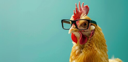 yellow chicken with glasses on its head against a bluegreen background