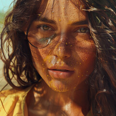 Una modelo española con cabello rizado suelto se aplica aceite de oliva en la piel bajo el sol mediterráneo. 