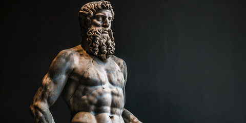 greek statue with long beard on black background, with copy space,  ai generation