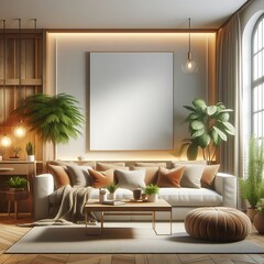 A living Room with a mockup poster empty white and with a large white couch and a table art realistic has illustrative lively attractive.