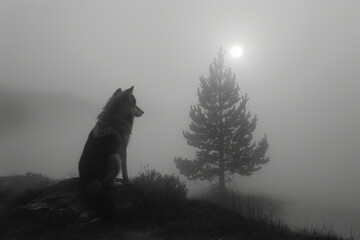 Scene of a wolf with a spectral form, its howls echoing as it disappears into the fog,