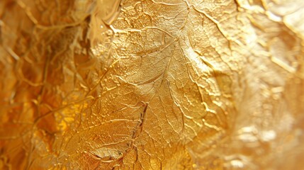 Detailed close-up of a golden surface with a textured leaf pattern, giving a feel of luxury and elegance