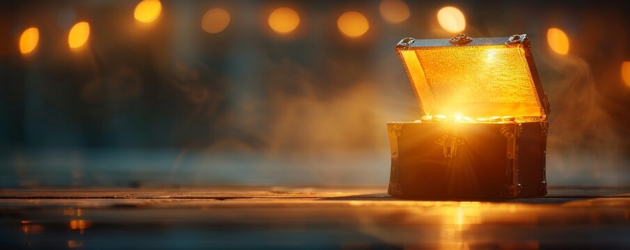 Detailed yet simple image of a treasure chest with an open lid, vibrant colors, minimalistic style representing business rewards with space for text